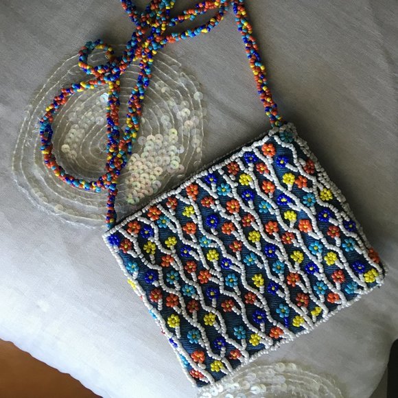 PIERRE URBACH Micro Crossbody Shoulder Bag Beaded Multi Colored Floral Pattern - Picture 1 of 7